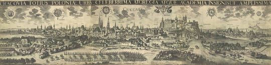 Fotografia ryciny ukazującej historyczne miasto Kraków z podpisem Cracovia totius Poloniae urbs celeberrima atque amplissima regia atque Academia insignis